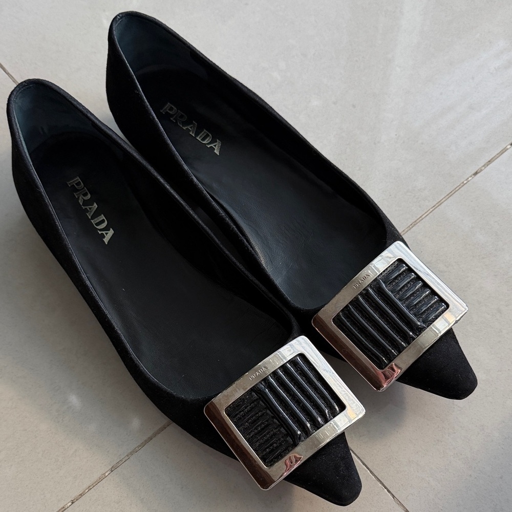 Prada Black Suede Square Buckle Low Heel Pumps